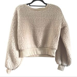 NWOT Express boucle white teddy pullover slightly cropped puff sleeve sweater